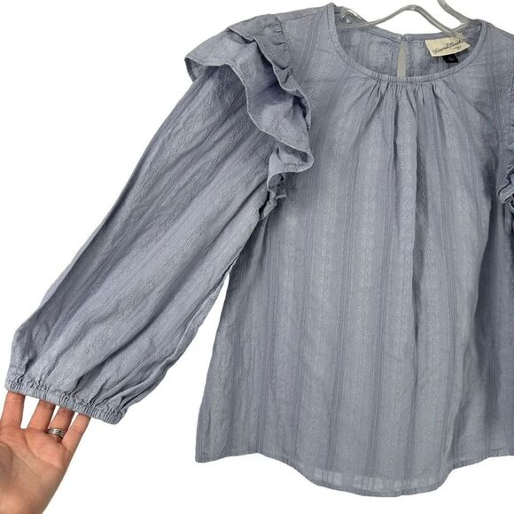 Universal Thread Top Blue Dramatic Double Ruffle Shoulder Size XS 3/4 Sleeve Top - Picture 2 of 9